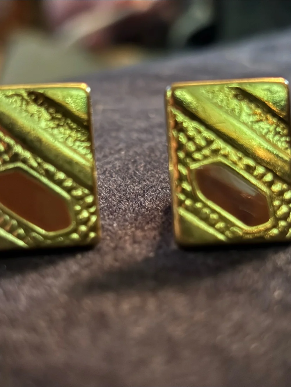 Gold-tone Textured Square cuff links with Amber Inset